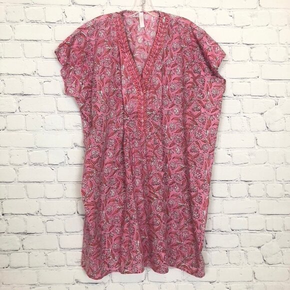 Nesara 100% Organic Cotton Pink Floral Tunic Caftan Kaftan One Size - Picture 1 of 6